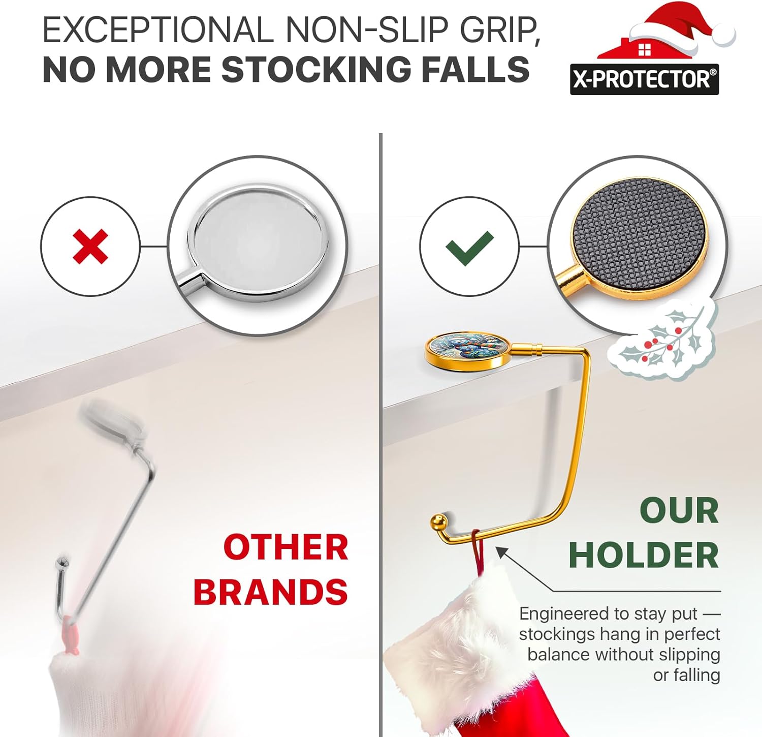 X-Protector Stocking Holders for Mantle - 6 PCS - Premium Christmas Stocking Holder with Non-Slip Bottom - Golden Stocking Hangers for Mantel - Stocking Hooks with Stickers on Top - Merry Christmas!