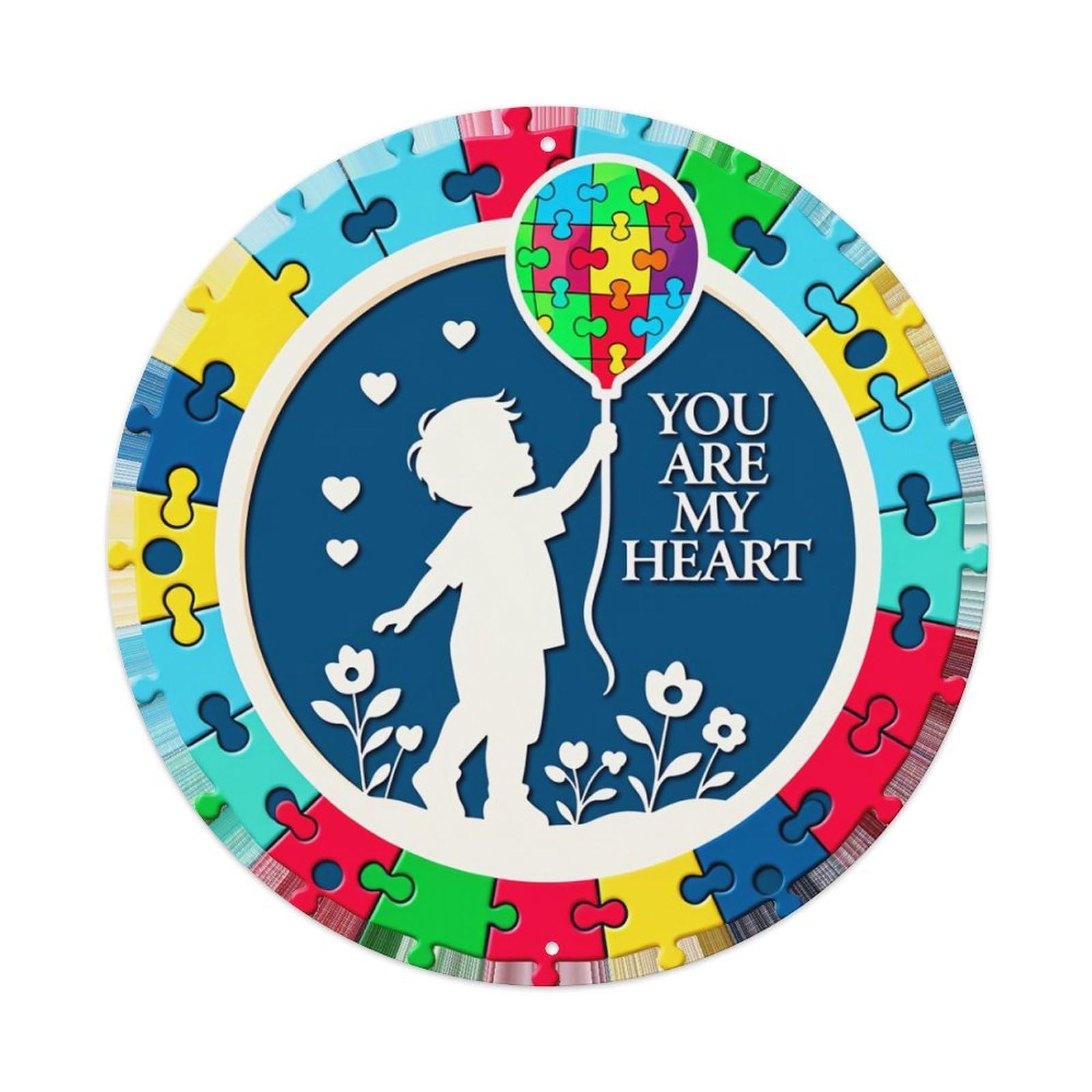 Child Holding Balloon Puzzle Round Tin Sign Retro Metal Sign for Cafe Bar Pub Home Game Room Gym Club Wall Decoration Vintage Metal Poster 8x8 Inch