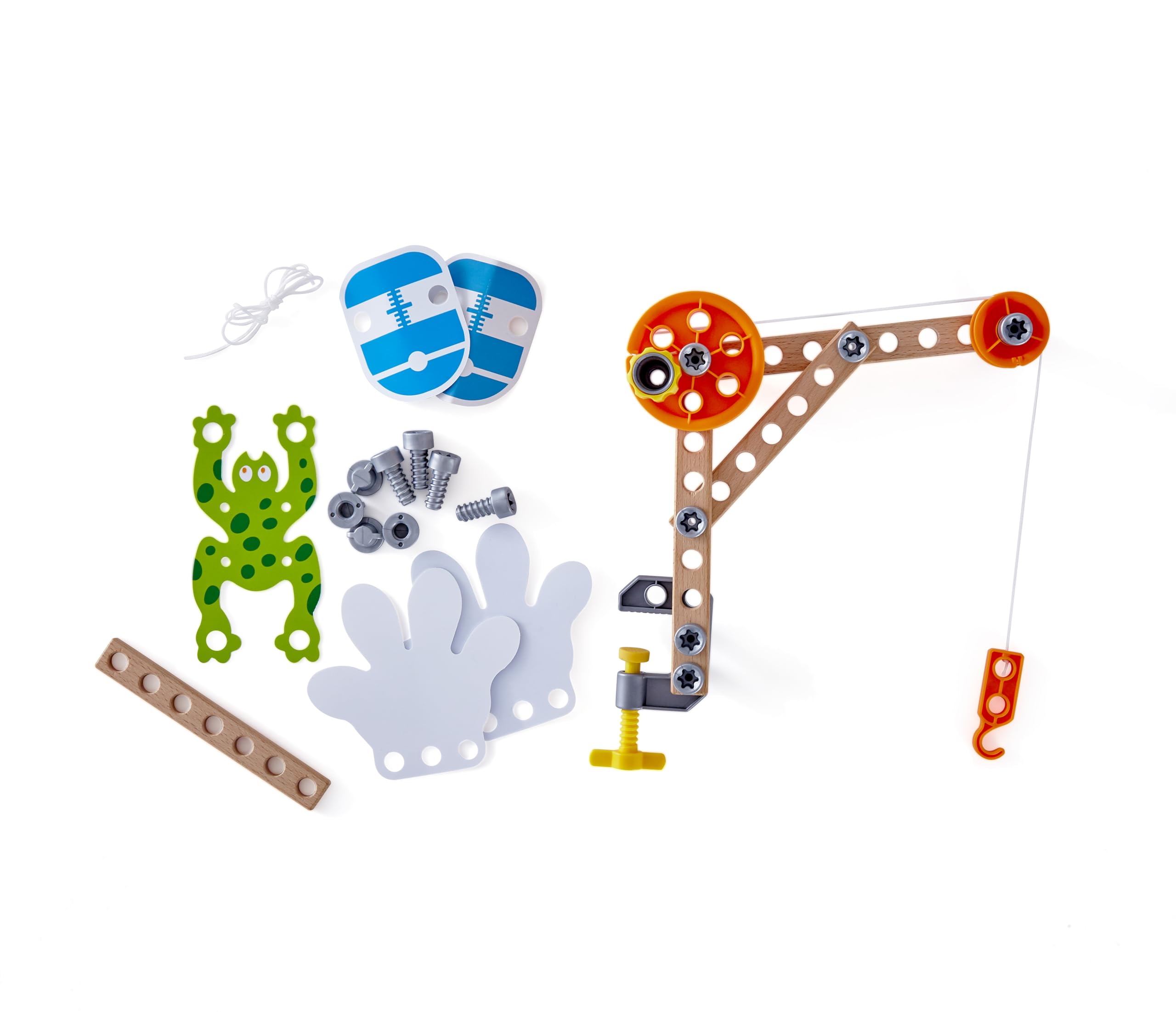 Hape Three Experiment Kit | Junior Inventor Kids Physics Mechanical Crane, Grabber and Climbing Frog Play Set for Children Aged Four and Up