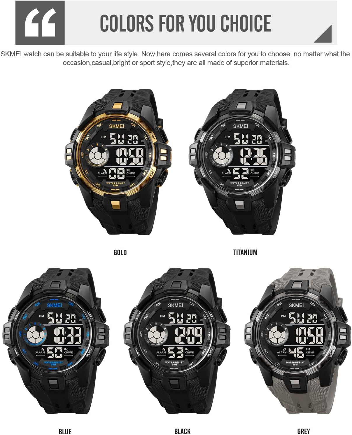 Mens Digital Multifunction EL Light Stopwatch Chronograph Outdoor Sports Watch 50M Waterproof Date Calendar Alarm Luminous Back Light Week Display Casual Lightweight Black Wristwatch