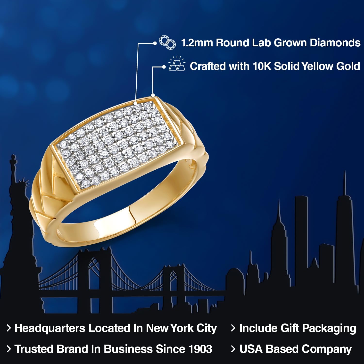 Gem Stone King 10K Yellow Gold White Lab Grown Diamond Ring for Men | 0.46 Cttw | Gold Ring for Men | Available In Size 5, 6, 7, 8, 9, 10, 11, 12, 13 - Image 2