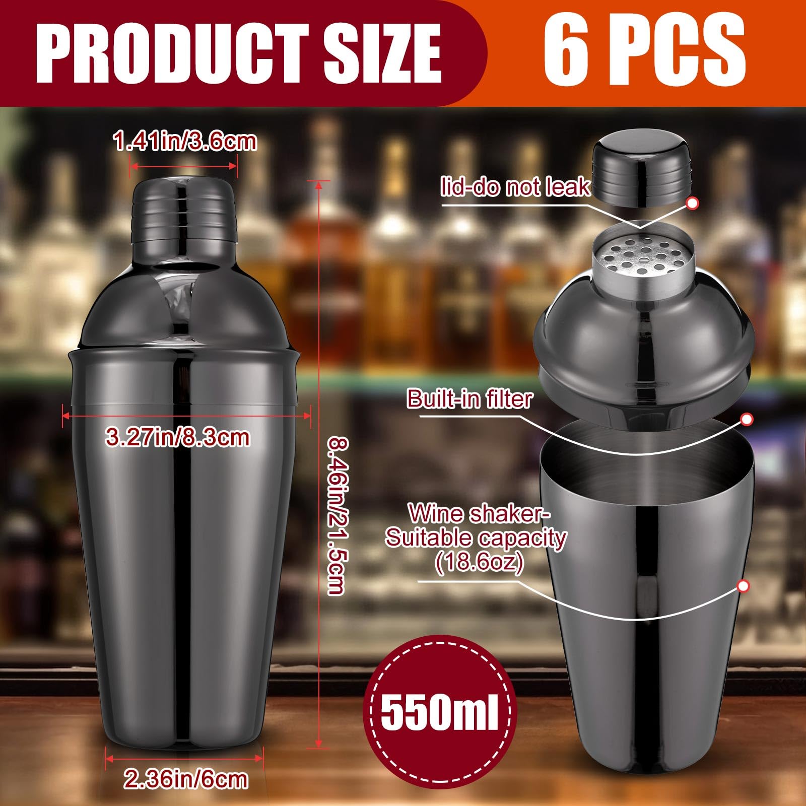 Nitial 6 shaker per cocktail da bar, professionale in acciaio inox, con filtro integrato, per barista, senza perdite, per bar e feste, strumento per mescolare bevande (530 ml, nero)