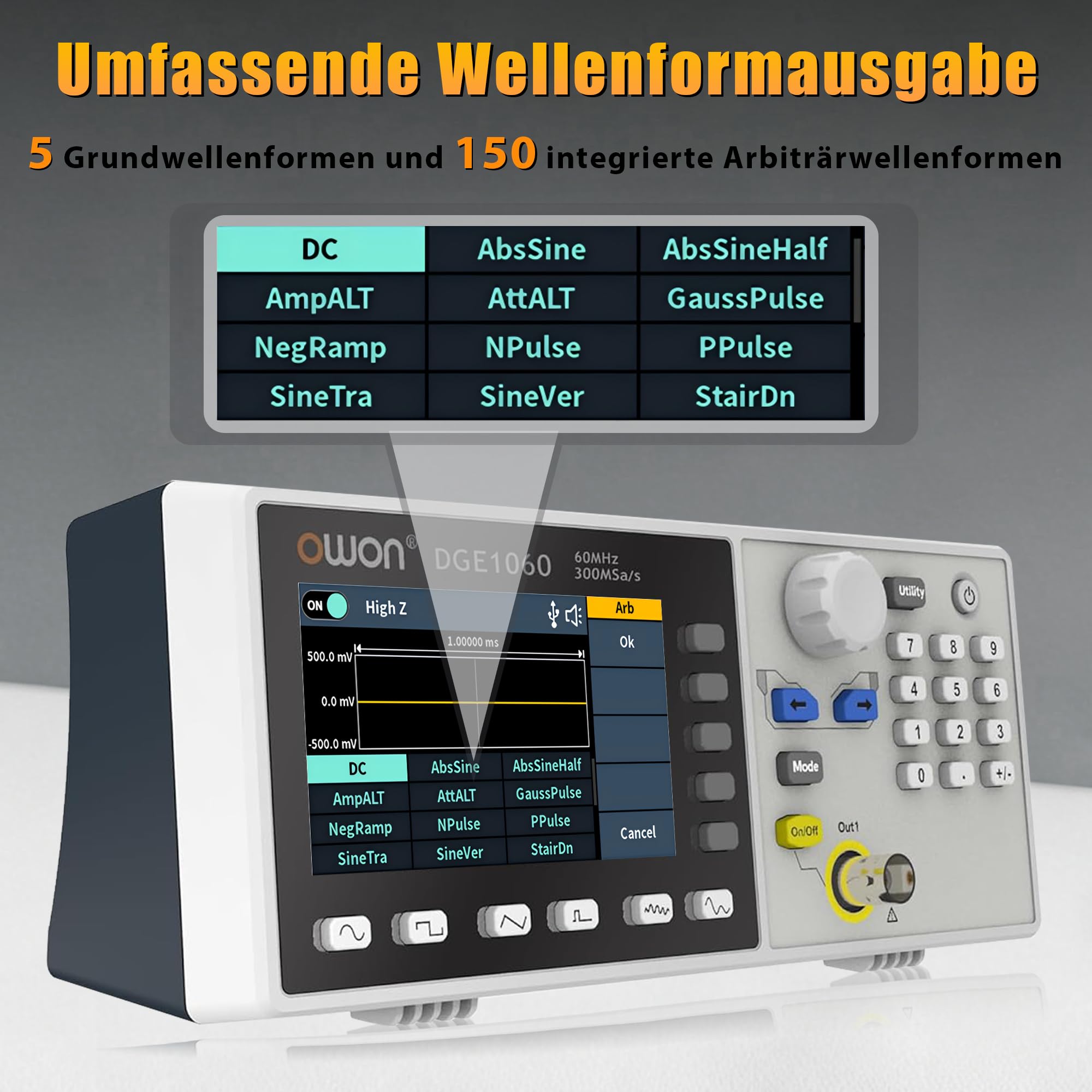 OWON DGE1060 Funktionsgenerator für präzise Signaltests und Entwicklung, 60 MHz, 300 MSa/s, 14 Bit, SCPI und PC-Steuerung