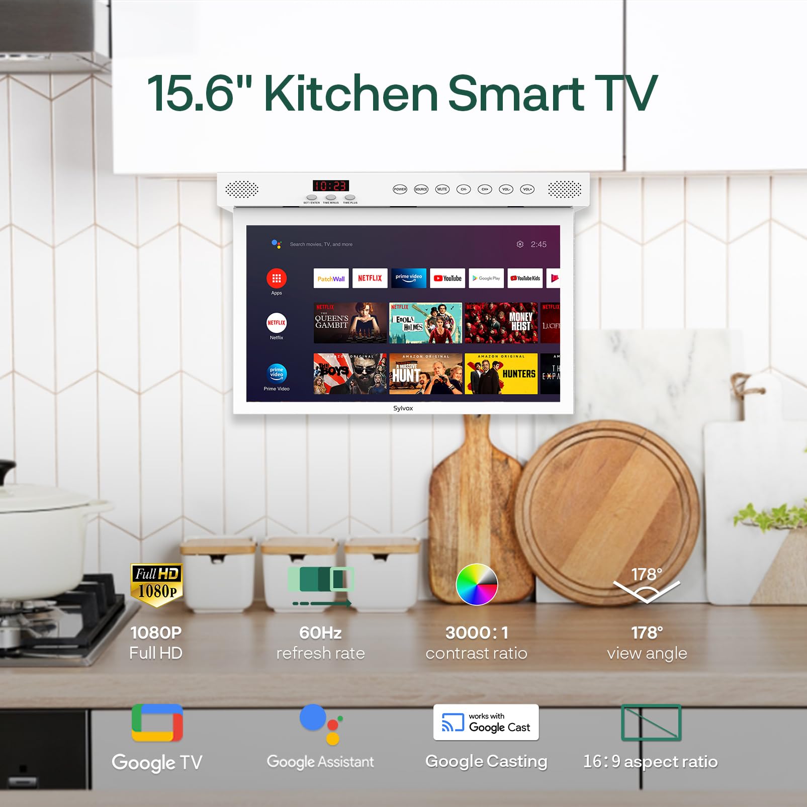 SYLVOX TV de Cocina Plegable 15.6", 90° Ajustable, 1080P, Smart con Google TV,12V Mini Televisor con Rotación 360° | DVB-C/S2/T2 | Wi-Fi | Bluetooth | para Cocina, Camping, Dormitorio(Blanco)