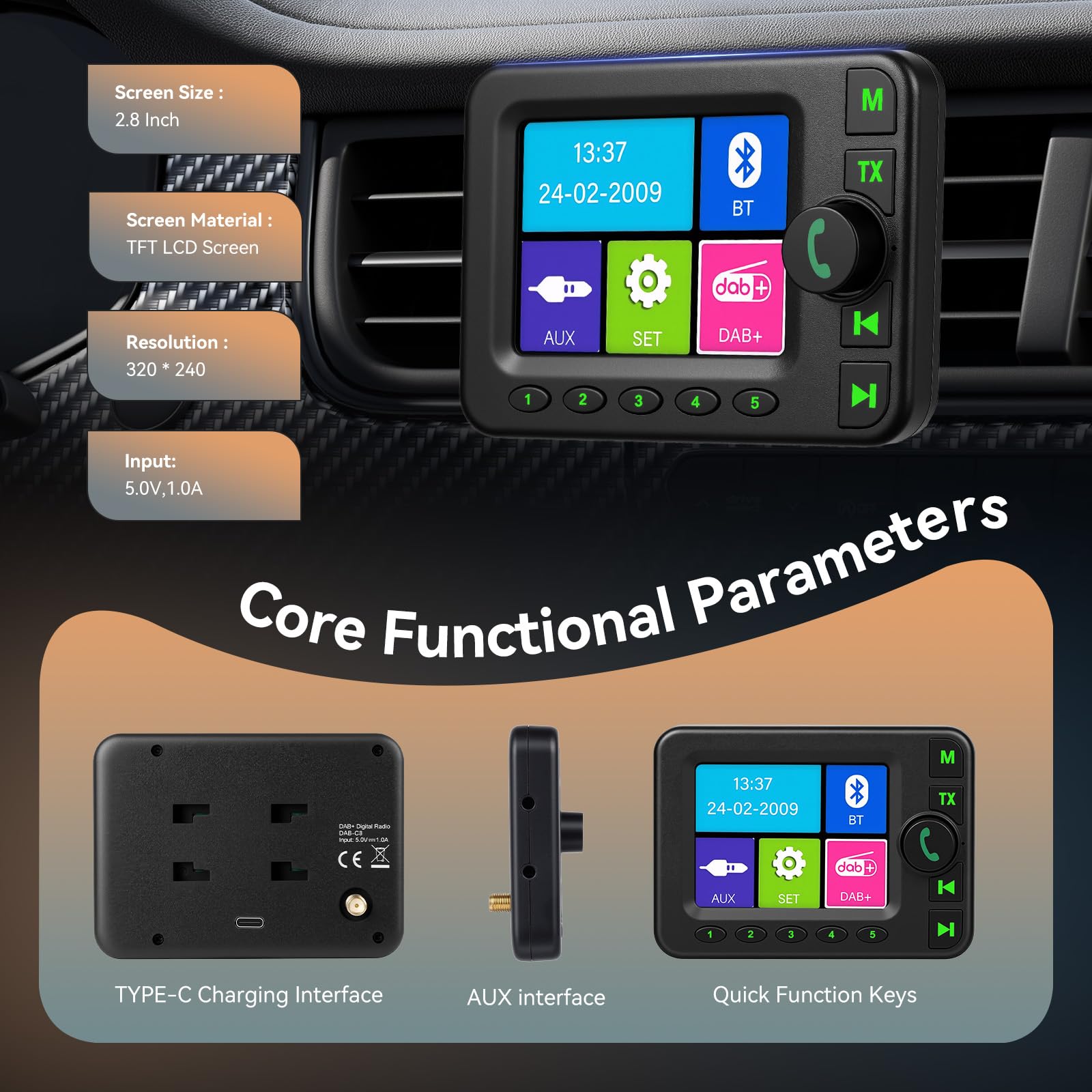 Rimoody Adattatore Radio DAB/DAB+ per Autoradio e Trasmettitore FM Bluetooth, Adattatore DAB Scansione Auto, Ricevitore DAB Autoradio con Display 2,8 Pollici, AUX in/out Caricabatterie da Auto