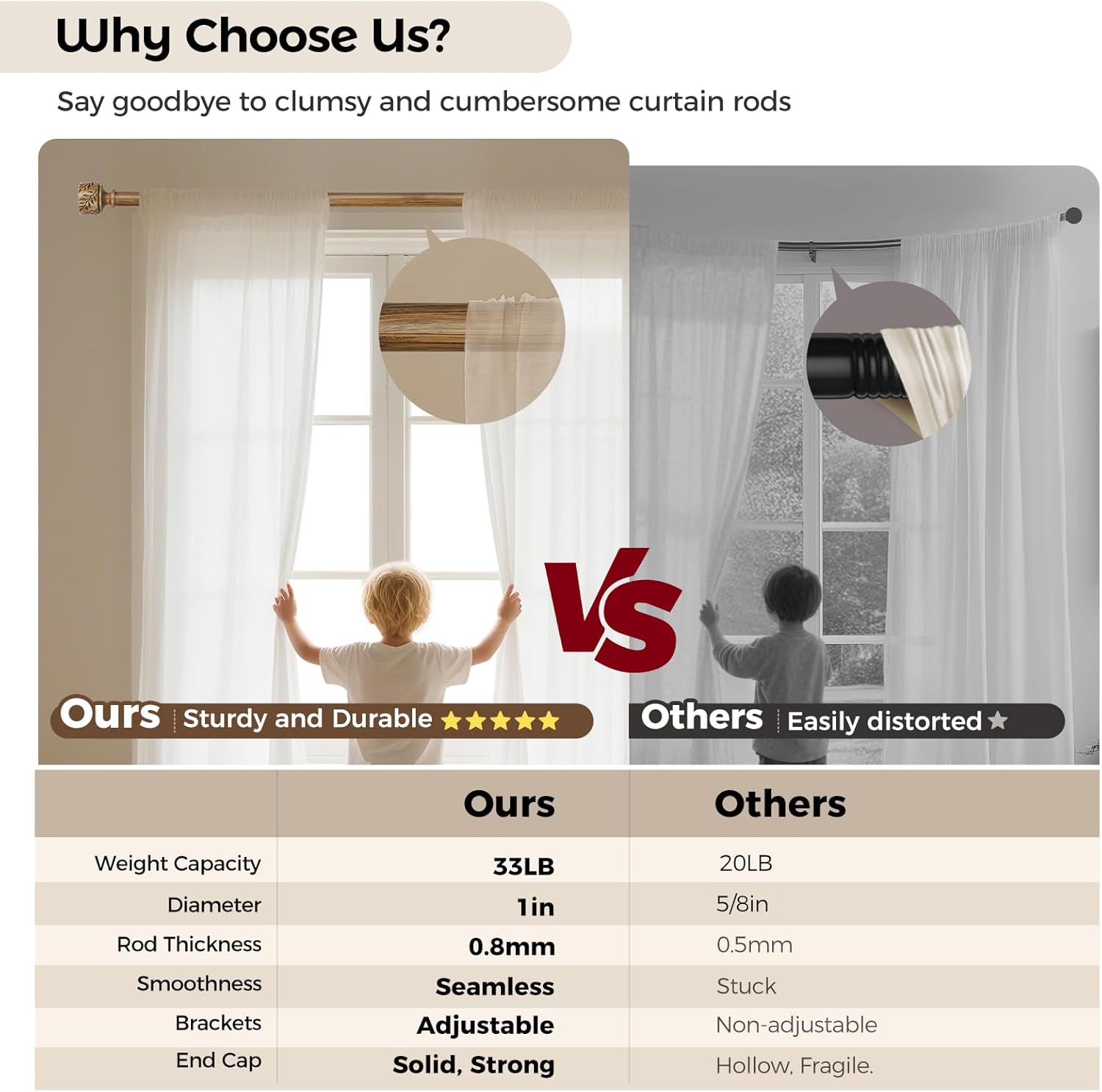 2 Pack Boho Wood Curtain Rods for Windows 32 to 45 Inch, 1" Adjustable Heavy Duty Curtain Rod with Imitation Wooden Grain Leaf Pattern Finials, Rustic Decorative Drapery Rods, Size 32"-45", Dark Wood