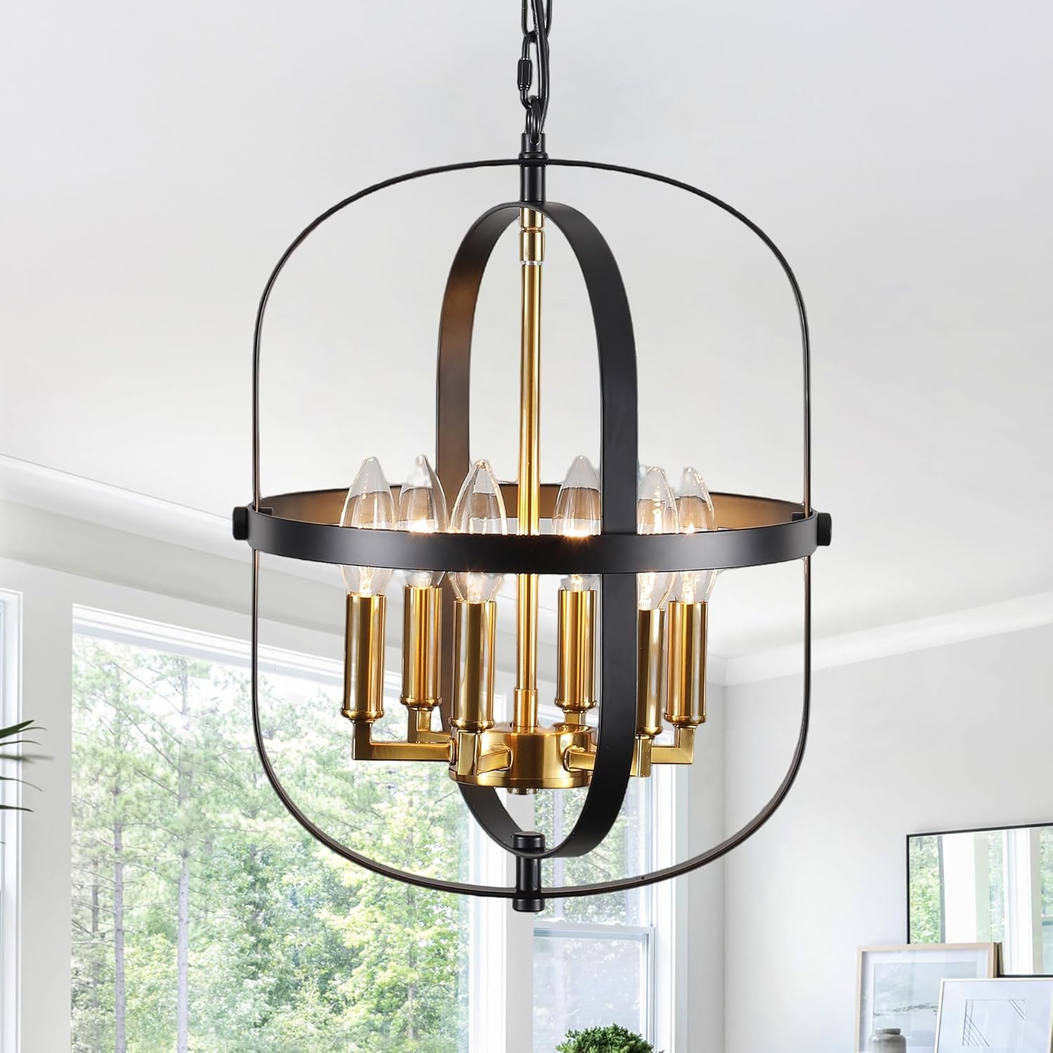 Black and Gold Chandelier for Dining Room, 6-Light Chandelier for Entryway Light Fixture Foyer Lighting Fixtures Adjustable Modern Farmhouse Chandelier for Living Room Pendant Lights Kitchen Island