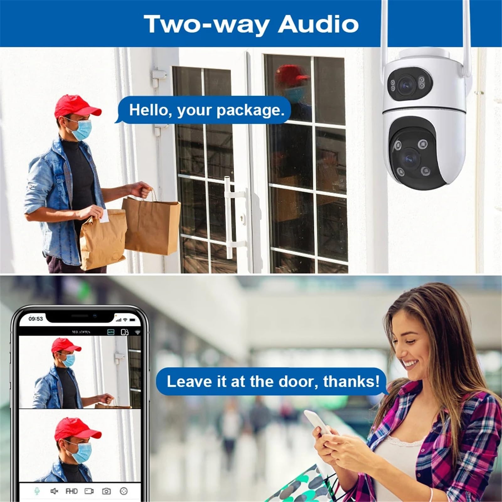 Kamera bezpieczeństwa, Kamera zewnętrzna 4K HD z podwójnym obiektywem WIFI 2K PTZ bezpieczeństwa automatycznym śledzeniem Wodoodporny monitoring(NO CARD)