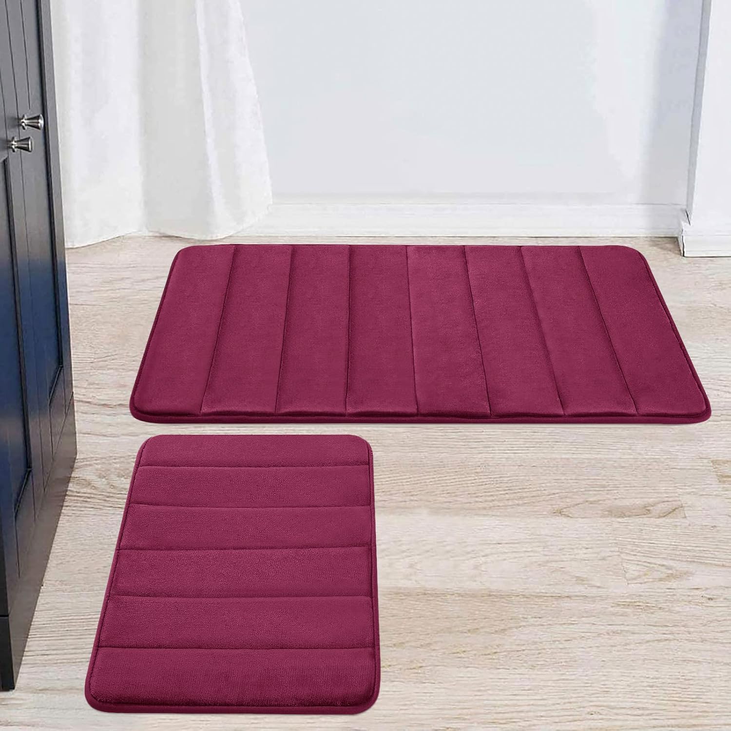 Buganda Memory Foam Bathroom Rugs and Mats Sets 2 Pieces Bath Mats, Non Slip, Absorbent, Shaggy, Machine Washable Bathroom Rugs for Bathroom(17" x 24"+20" x 32", Wine Red)