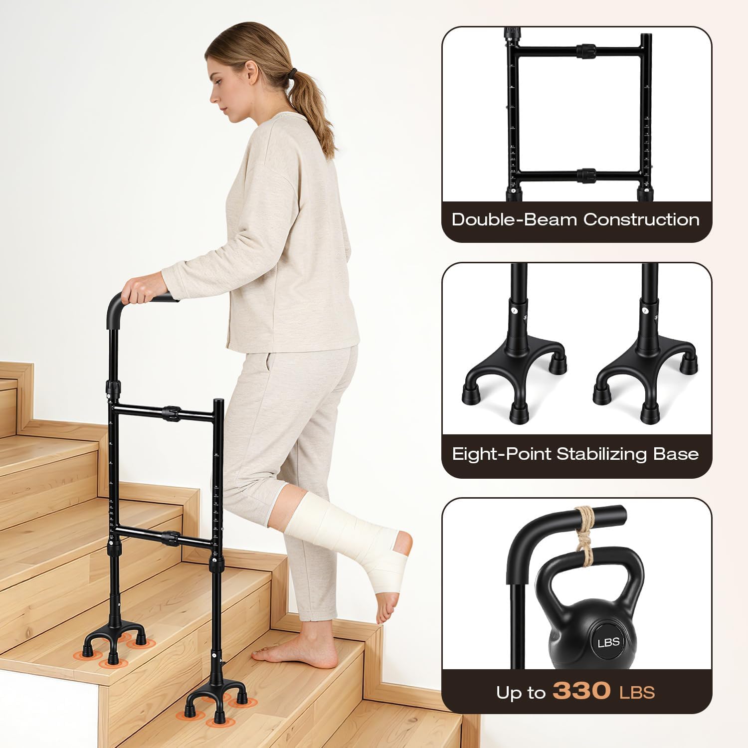 Stair Climbing Assist Cane for Seniors, Height & Width Adjustable Stair Cane, Sturdy Eight-Legged Support 330 LBS, Durable & Anti-Slip for Elderly, Sore Knees, Post-Surgery