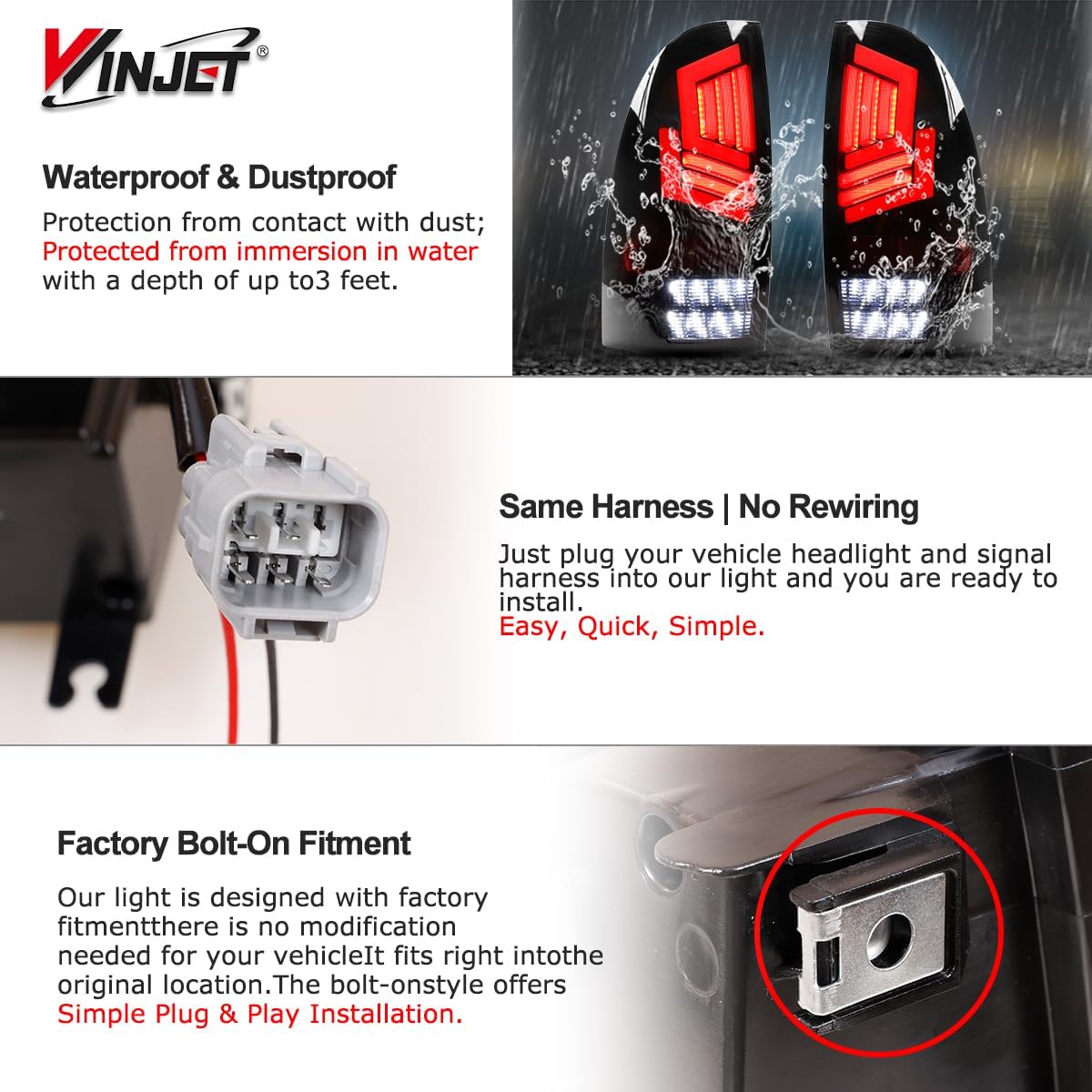 Winjet Full LED Tail Light Fit For 2005 2006 2007 2008 2009 2010 2011 2012 2013 2014 2015 Toyota Tacoma, Taillight Replacement w/Led Red Turn Signal/Running/Brake/Reverse Light (Black/Smoked)