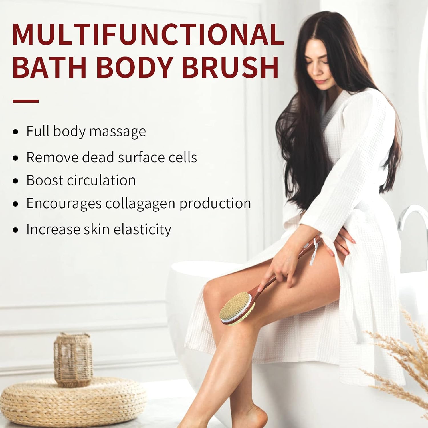 Metene Shower Brush with Upgrade 17-inch Rosewood Handle, Double-Sided Body Brush with Stiff and Soft Natural Bristles for Wet or Dry Brushing, Back Scrubber for Gentle Exfoliating and Clean Easily : Everything Else