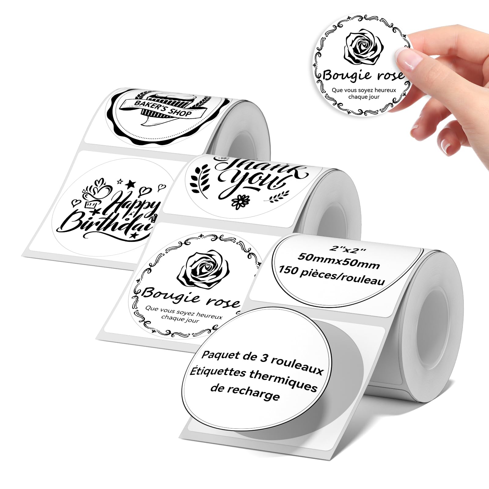NIIMBOT 3 Rouleaus Etiquette Pour B1 B2 B21 B3S B31 B4 K3 Imprimante,Autocollantes Rond Etiquette 50x50mm(2"x2"),150 Pcs/Rouleau, Blanc