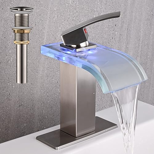 AVSIILE Grifo de lavabo de baño LED cascada de nĂquel cepillado mango de un solo agujero grifo de tocador de baño para fregaderos 1 o 3 agujeros con AVSIILE Grifo de lavabo de baño LED cascada de nĂquel cepillado mango de un solo agujero grifo de tocador de baño para fregaderos 1 o 3 agujeros con