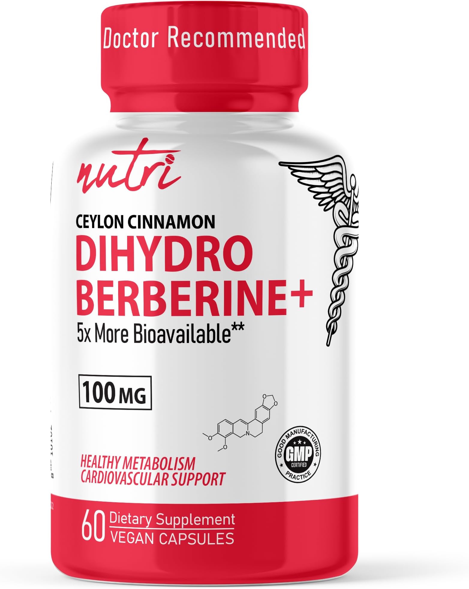 Nutri Dihydroberberine Supplement 100mg 60 Capsules with 300mg Organic Ceylon Cinnamon Extract - 54X More Bioavailable Than Regular Berberine HCL - 3rd Party Tested - NSF Certified Facility
