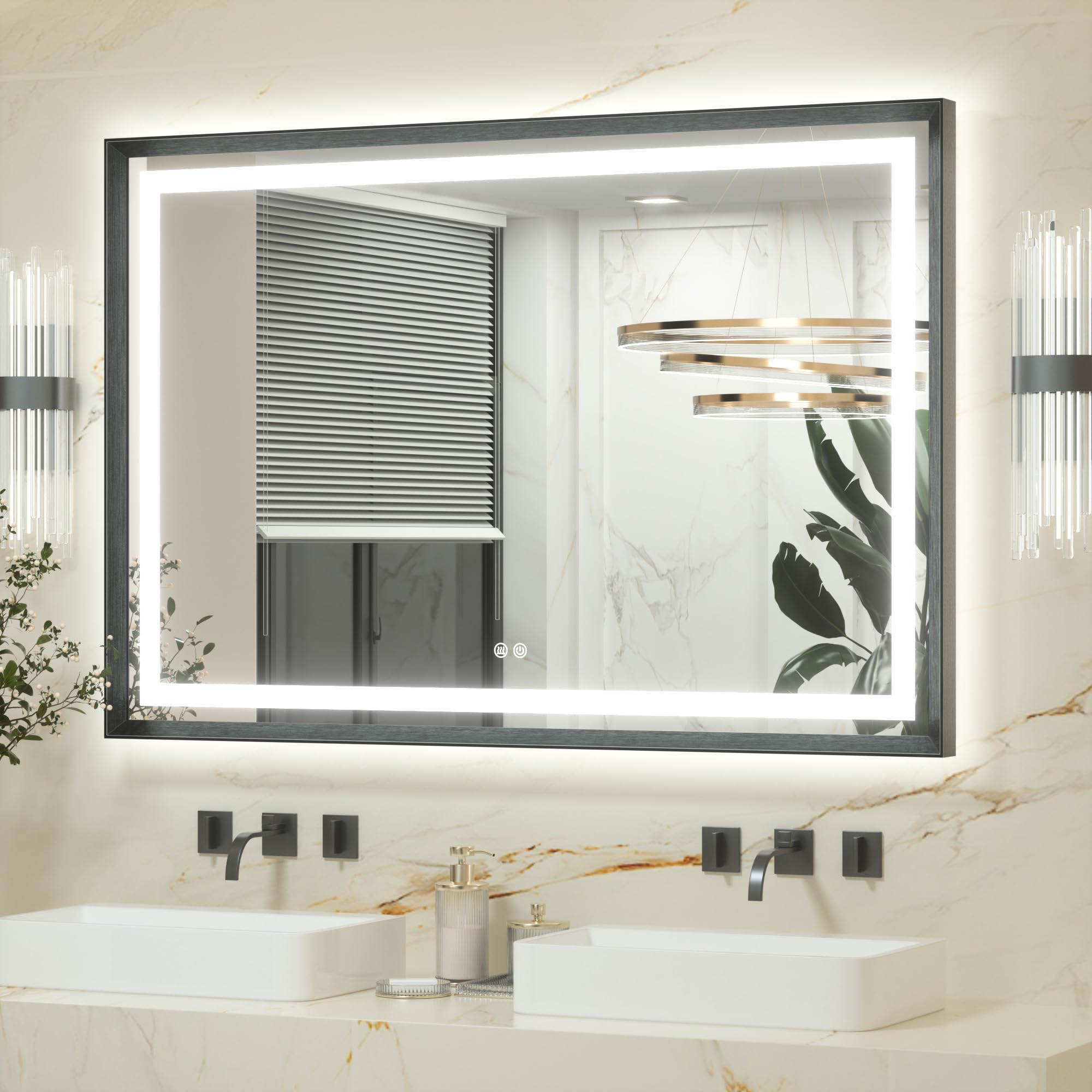 Keonjinn Black Bathroom Mirror with Led Lights 120x80cm, Antifog Vanity Mirror Black Frame Back and Front Lit 3 Colour Dimmable Illuminated Wall Mounted Rectangle Digital Mirrors — image 1