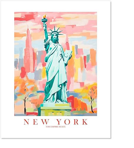New York City Travel Print Statue of Liberty Green Pink Orange Wall Art Retro Poster Empire State Souvenir Painting (8x10 inches)