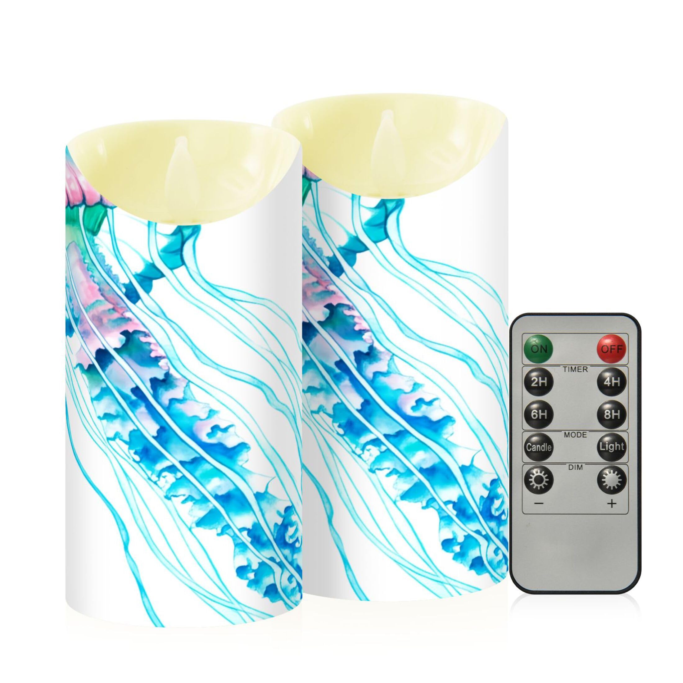 Kutsu Jellyfish Flameless Candles Set of 2, Battery Operated LED Flickering Candles with Remote and Timer, Plastic Pillar Candles for Home Wedding Decor