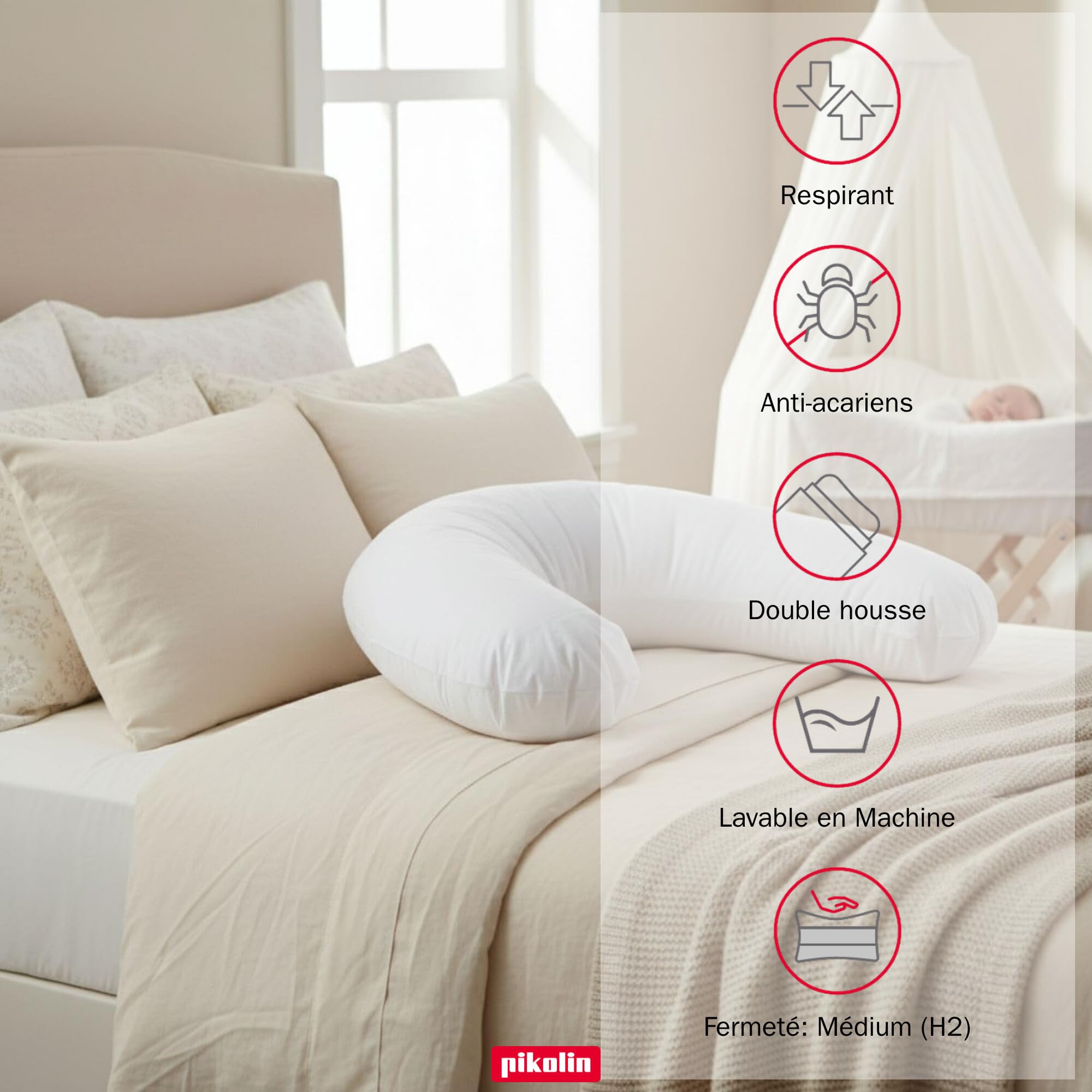 PIKOLIN Oreiller de Grossesse et Allaitement en Forme de C - Certifié Oeko-Tex - Taie en Coton Respirant et Lavable avec Traitement Anti-Acariens