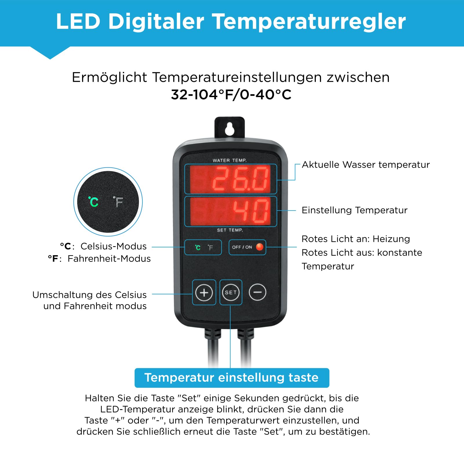 Titan MX-9016 - Calentador sumergible para acuarios (300 W, con regulador de temperatura digital LED, regulable de 0 °C a 40 °C, apto para acuarios de agua salada y agua dulce de 150 a 220 litros
