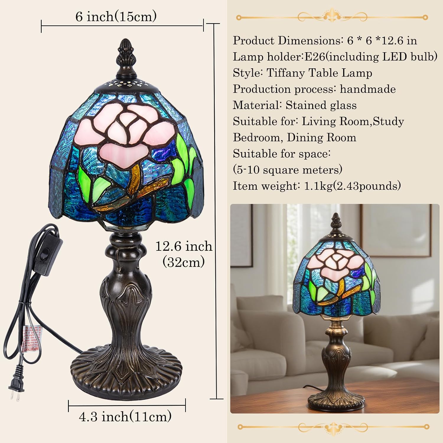 Small Tiffany Table Lamp, 3 Color-Temperature Roses​ Stained Glass Lamp,6 Inch Tiffany Style Lamp for Bedroom Living Room Home, Handcrafted Light, Included Bulb (Blue)