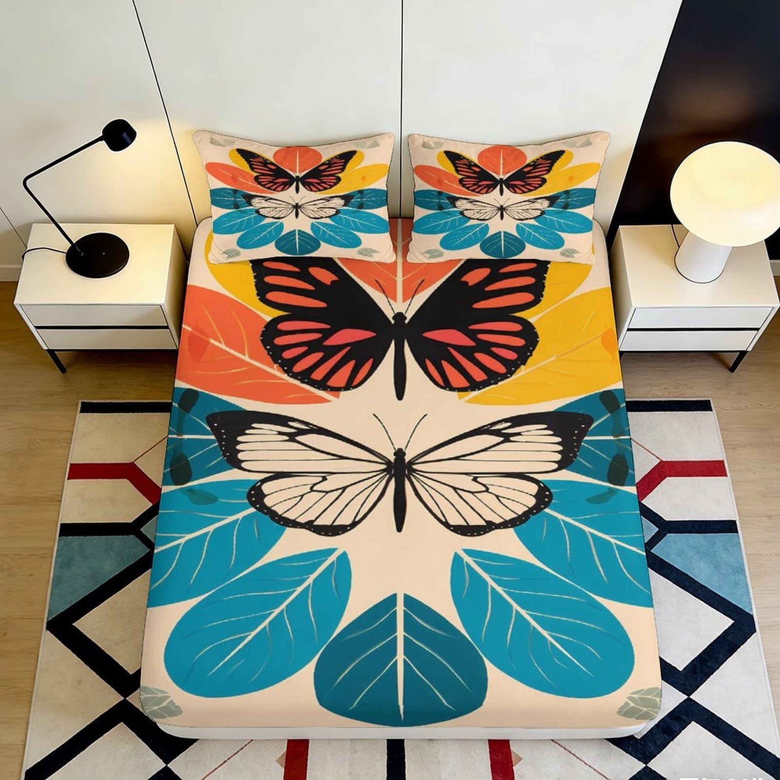 3D Printed Butterfly Fitted Sheet Microfiber Deep Pocket Full Wrap Non-Slip Butterfly Mattress Fitted Cover for Bedroom 140x200x25cm