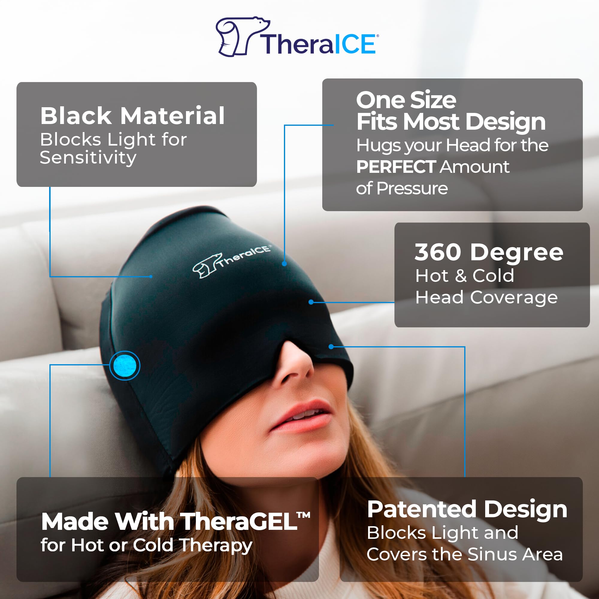 TheraICE Migraine Relief Cap, Headache Hat Ice Pack Mask, Cooling Head Wrap — Amazon image 2
