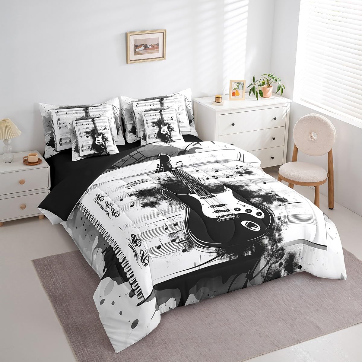 Feelyou Music 7 Pieces Bedding Set Twin Size Guitar Comforter Set with Sheets for Kids Boys Girls Rock Music Bed in a Bag Guitar Instruments Bed Set