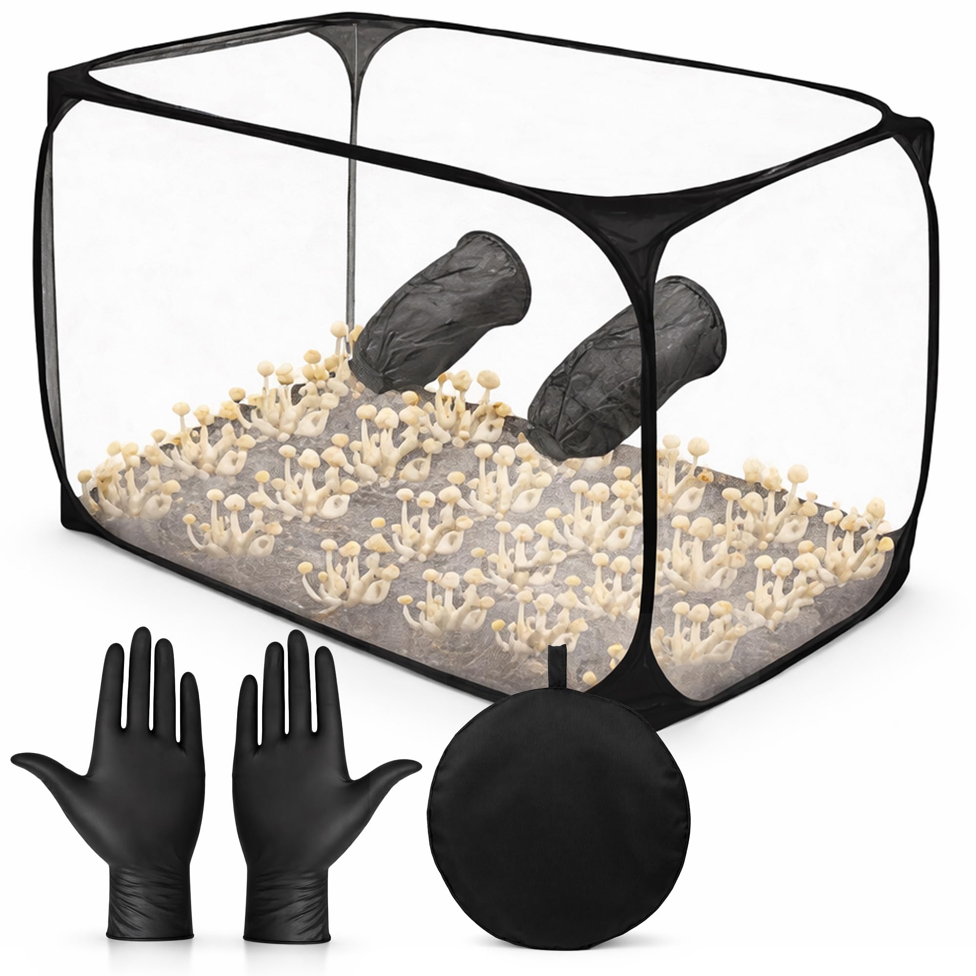 Yozaiuui Black Mushroom Growing Still Air Box: 90 × 60 × 60 Cm Foldable Transparent Mycology Box With Gloves Sealed Clean Workspace For Mushroom Cultivation