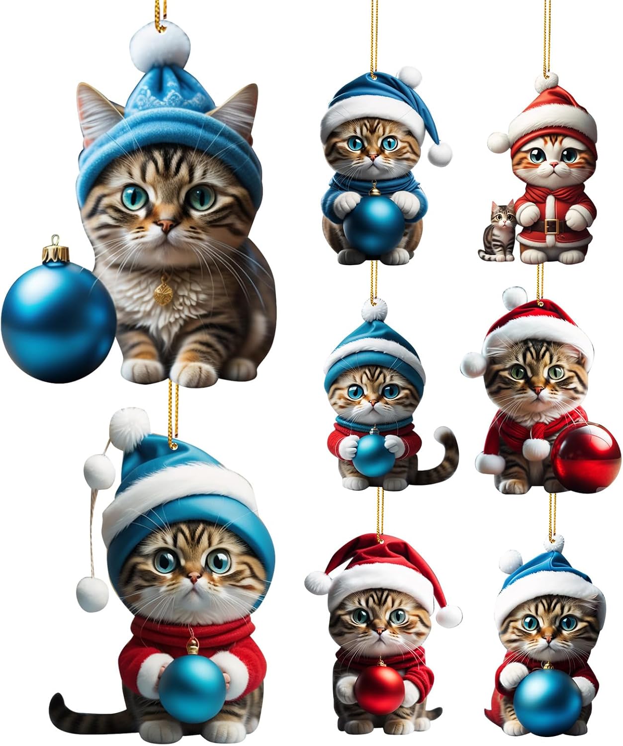 Cat Christmas Tree Decorations 8Pcs Acrylic Cat Christmas Ornaments