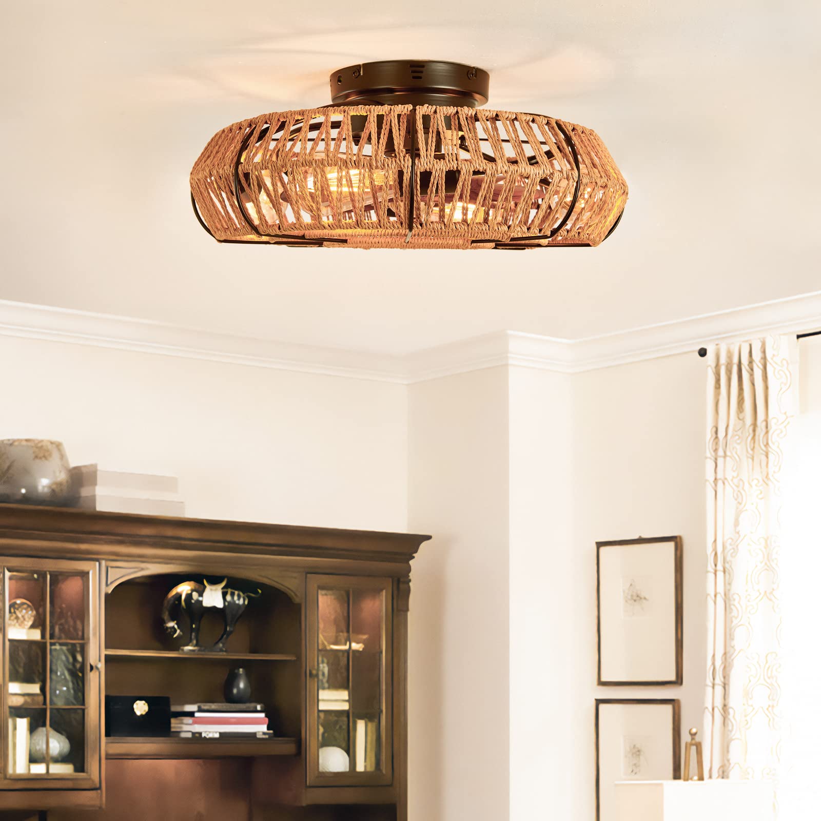 Fans With Roping Industrial Caged Ceiling Fans with Lights and Remote Dc Hemp Rope Retro ...