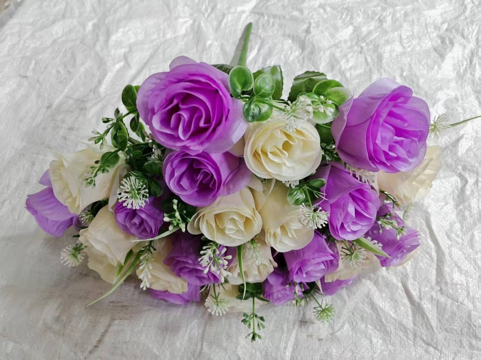 Biznest 2 Bundles Of Artificial Roses Flower Bouquet (48 Heads) Mix Colours Bunch Available Home, Party, Cemetery, Wedding, Porch, Yard, Indoor & Outdoor Event Decoration (CREAM AND LILAC)