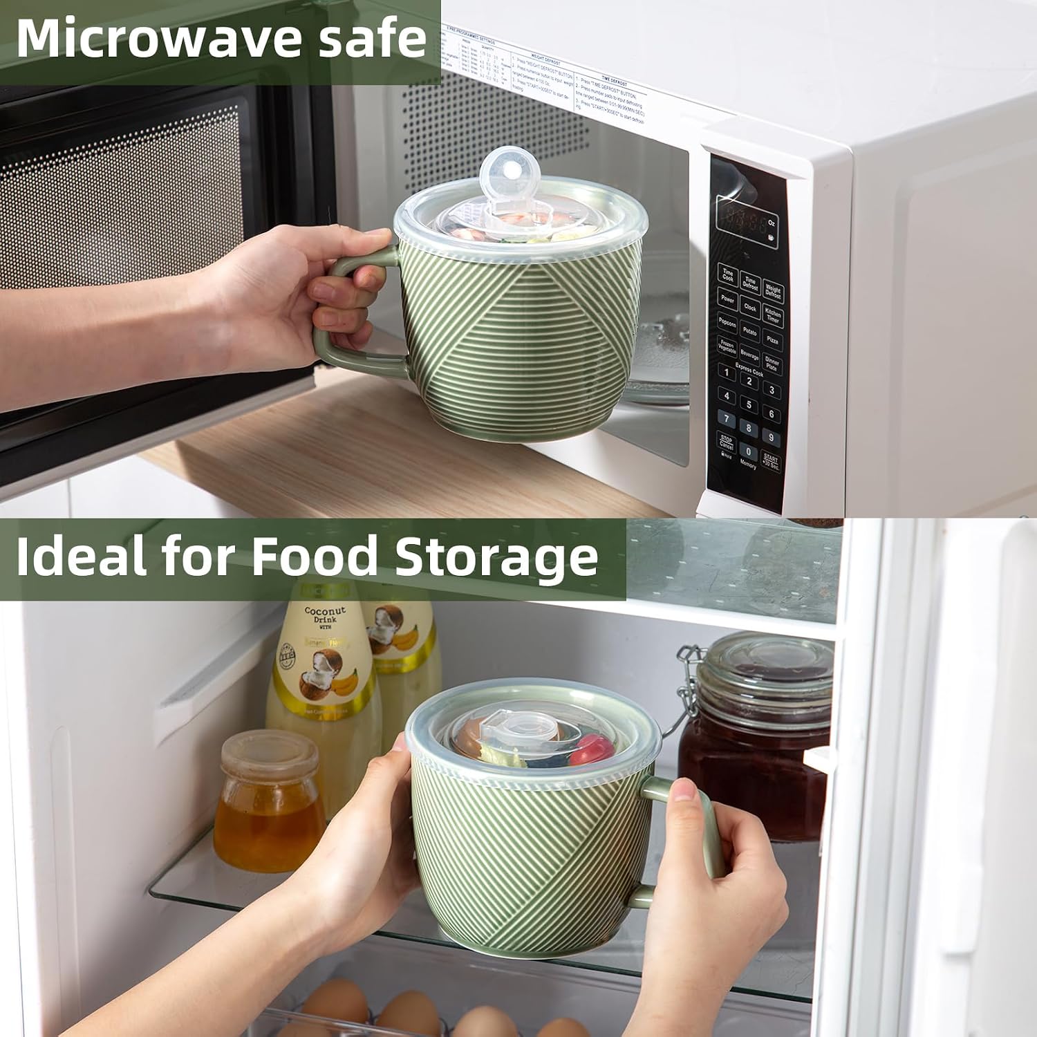 Large Ceramic Soup Bowl with Lid & Handle, Microwave Safe, 32 oz