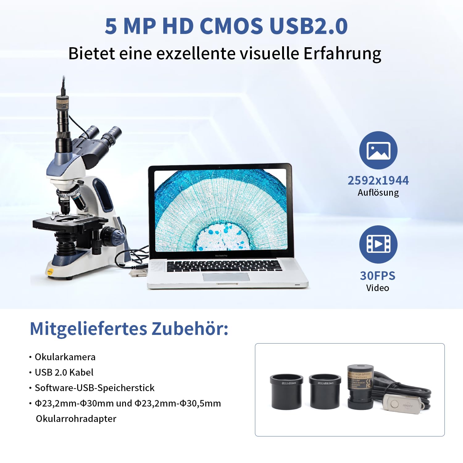 SWIFT EC5R Digitale 5,0-Megapixel-Mikroskop Kamera für Farbfotografie und Video, Okularhalterung, USB 2.0-Anschluss, Windows- und Mac-kompatibel
