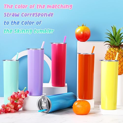 Miniatura 4 de 12 vasos delgados con tapas y pajitas a granel de 20 onzas, vasos aislados de acero inoxidable en blanco para viajes, regalos individuales para