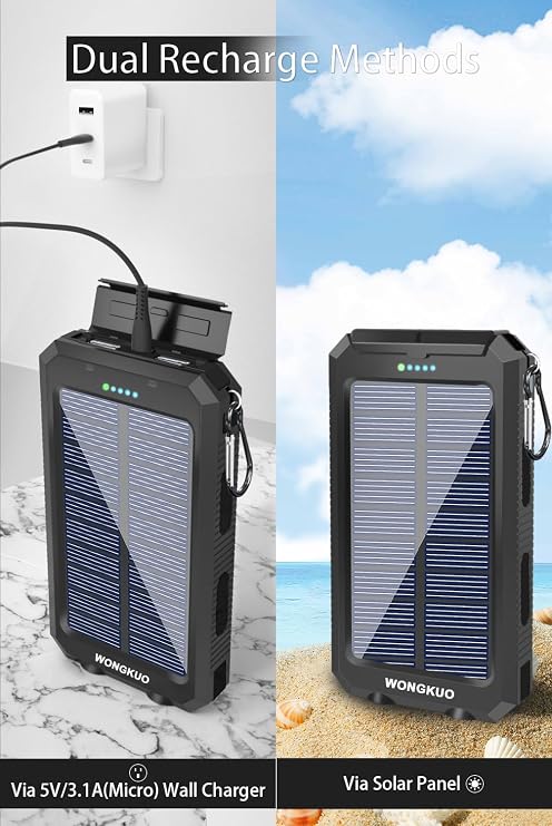 Solar Charger Power Bank - 36800mAh Solar Phone Charger, QC3.0 Fast Charger with LED Flashlight, IP65 Waterproof Portable Power Bank for Outdoor Activities (Black)
