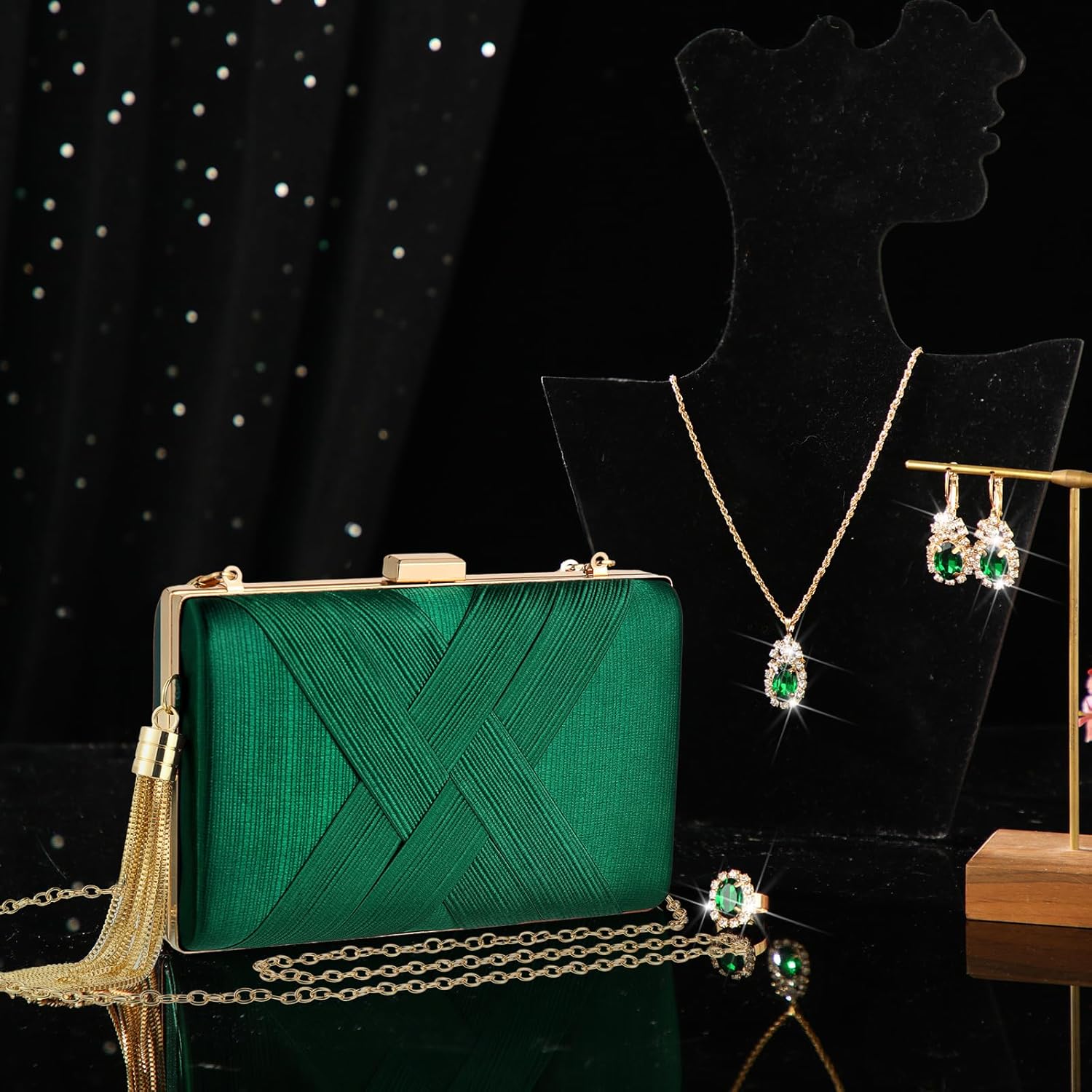 Quelay 4 Pcs Women Satin Clutch Purse Handbag Evening Bag for Wedding Banquet Vintage Rhinestone Necklace Earring Jewelry Set