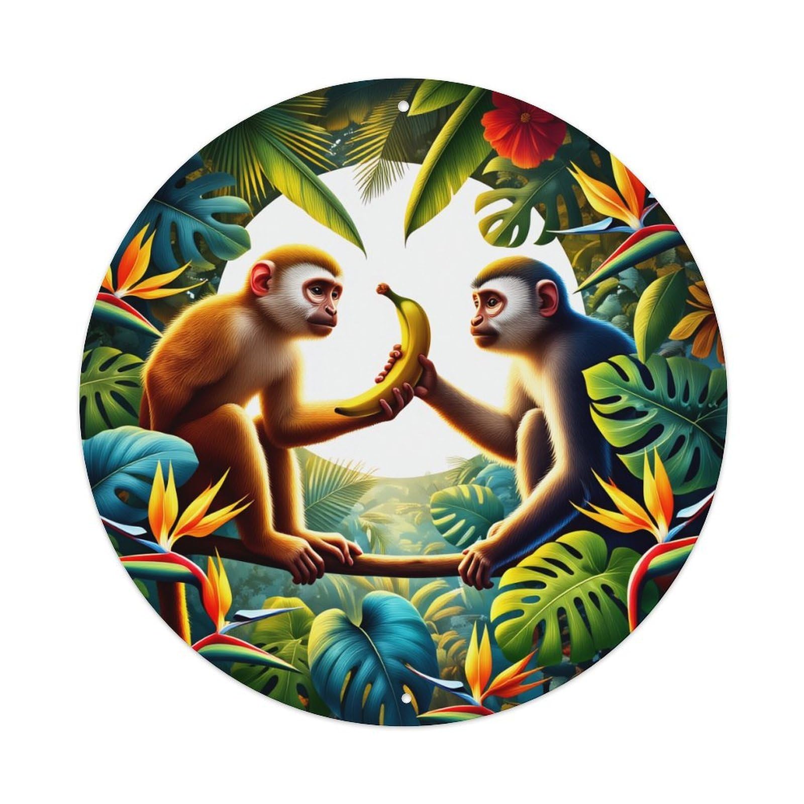 Tropical Monkey Banana Jungle Leaves Round Tin Sign Retro Metal Sign for Cafe Bar Pub Home Game Room Gym Club Wall Decoration Vintage Metal Poster 8x8 Inch