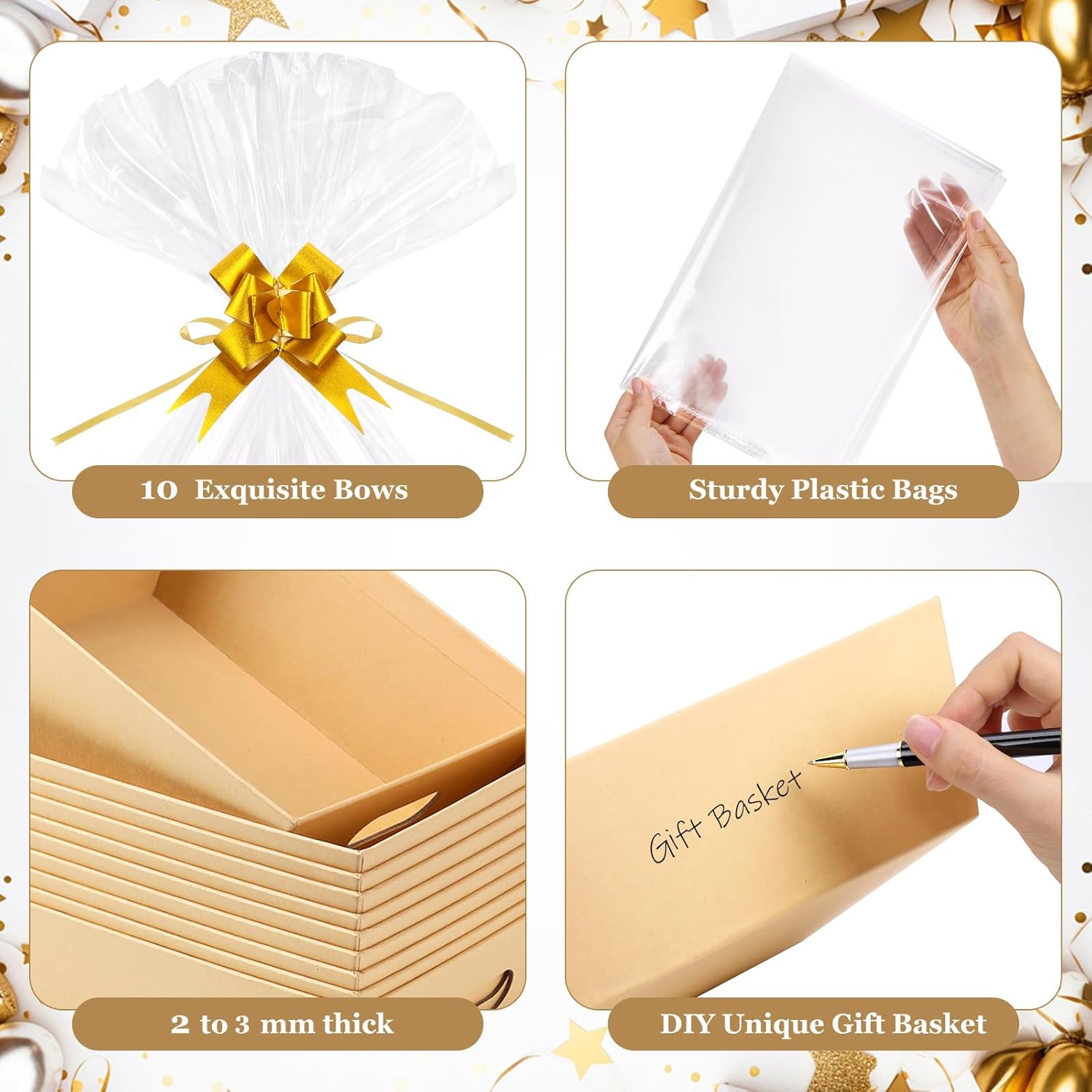 AFOROEOA 10PACK Baskets For Gifts Empty, 10 x 8”Thick Kraft Gift Basket with 10 Clear Gift Bags and 10 Pull Bows, Empty Gift Baskets for Christmas, Thanksgiving Wedding Birthday Party Wrapping Gift