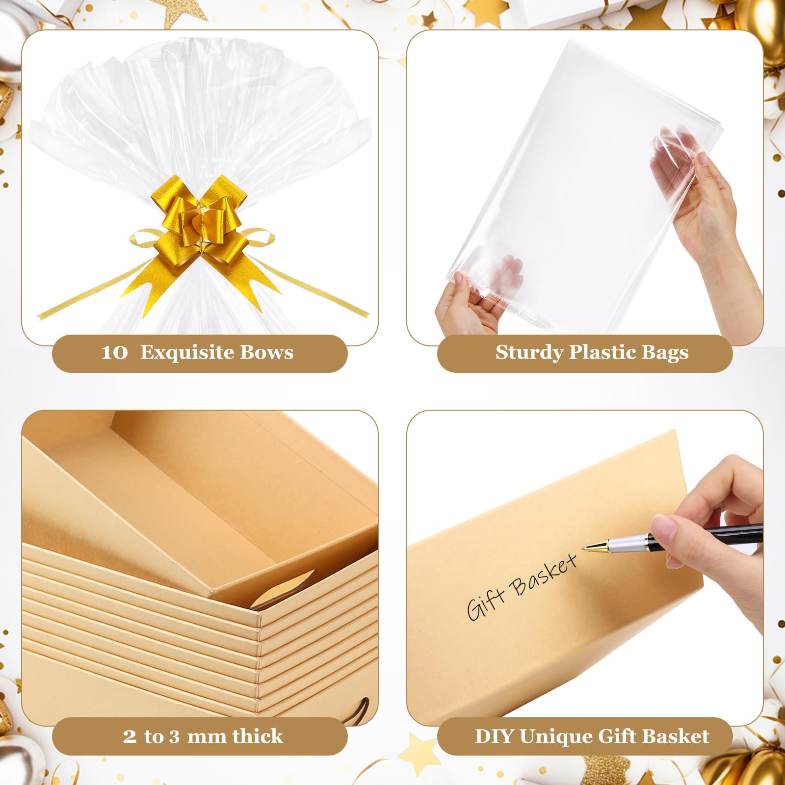AFOROEOA 10PACK Baskets For Gifts Empty, 10 x 8”Thick Kraft Gift Basket with 10 Clear Gift Bags and 10 Pull Bows, Empty Gift Baskets for Christmas, Thanksgiving Wedding Birthday Party Wrapping Gift