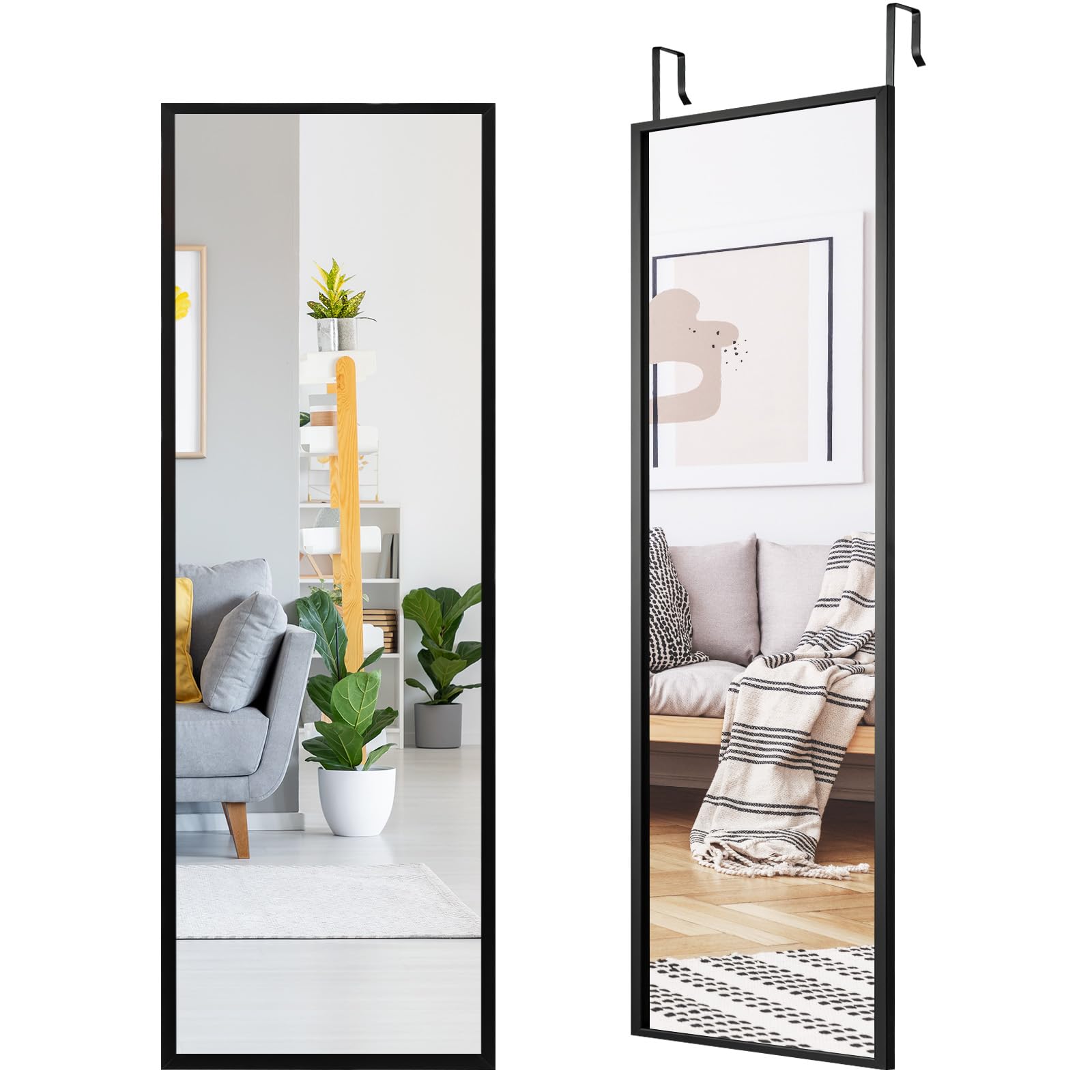 HOMASIS Espejo para Colgar de Pared o en la Puerta, Espejo de Pared de Forma Completa, Espejo Rectangular con Borde Blanco, Espejo de Dormitorio con 2 Ganchos extraíbles, 36,5 x 107,4 cm (Negro)