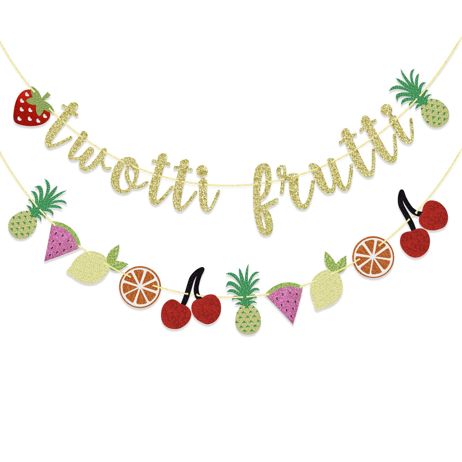 Glitter Twotti Frutti Banner and Fruit Garland, Two-tti Frutty Banner, Summer Fruit 2nd Birthday Party Decorations (Colorful)