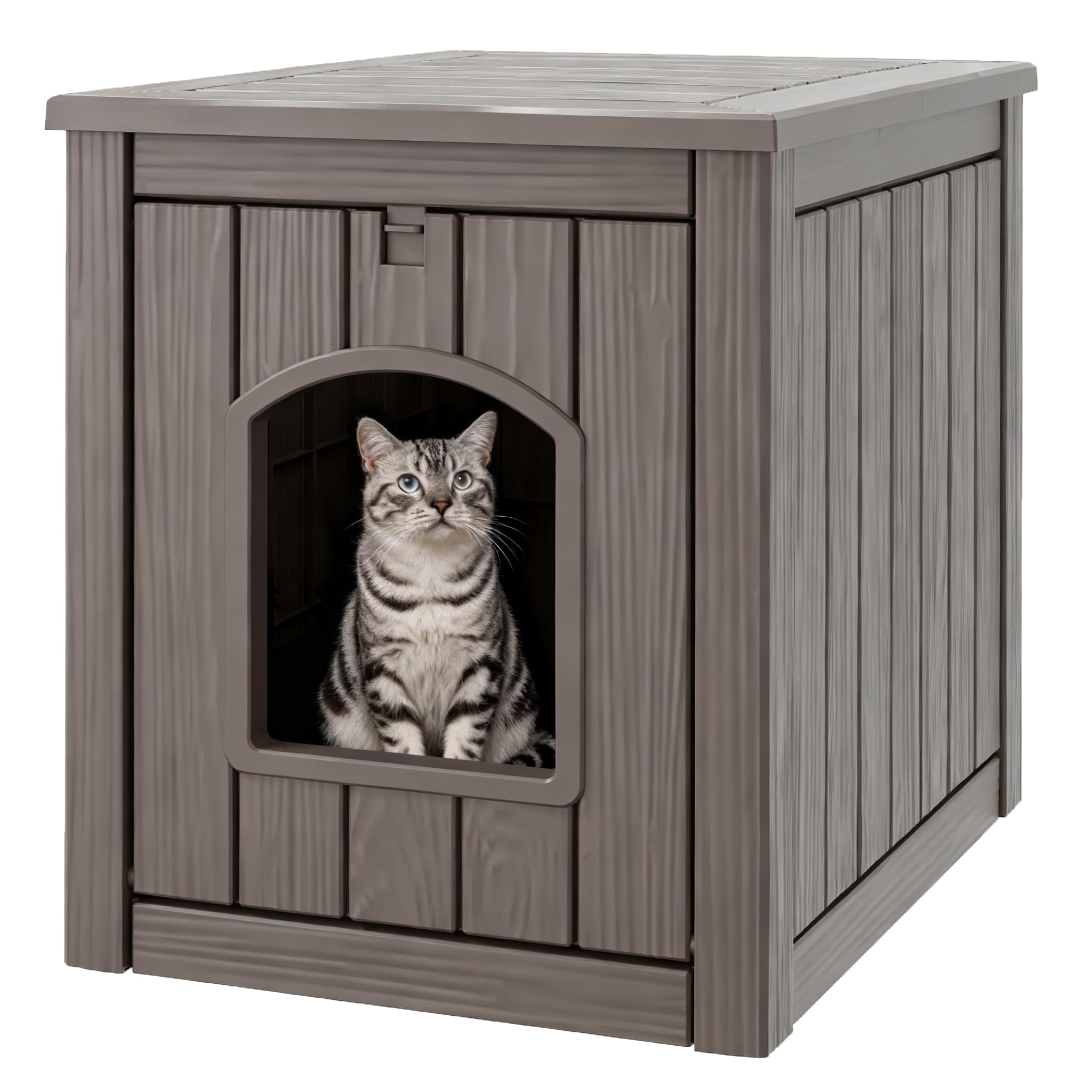 Cat Litter Box Enclosure, Plastic Hidden Litter Box Side Table with Openable Front Door, Waterproof & Weatherproof Cat House for Indoor & Outdoor Use (Gray)