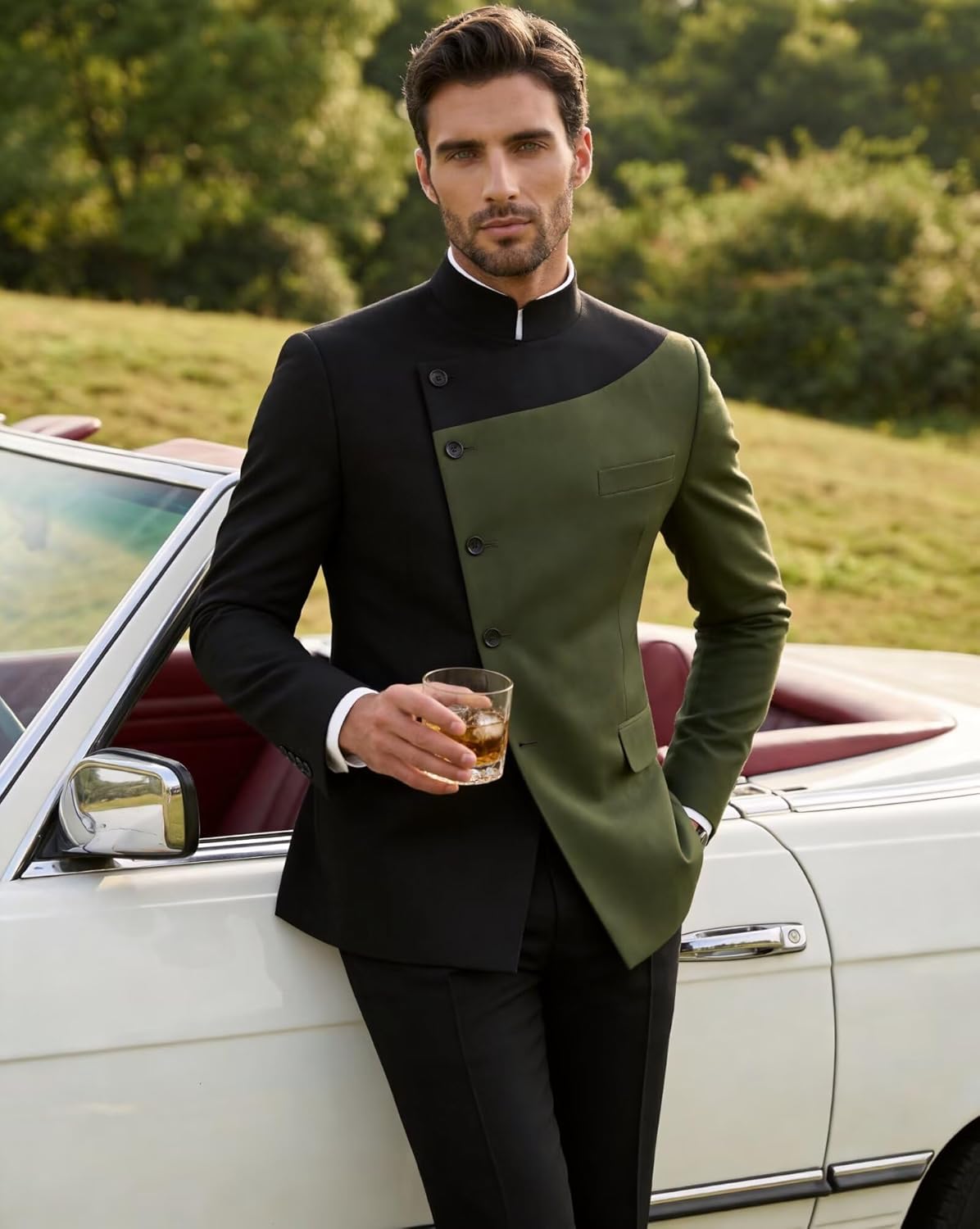 Men's Chinese Tunic Suit Mandarin Collar 2 Piece Suits for Men Slim Fit Traditional Wedding Suit