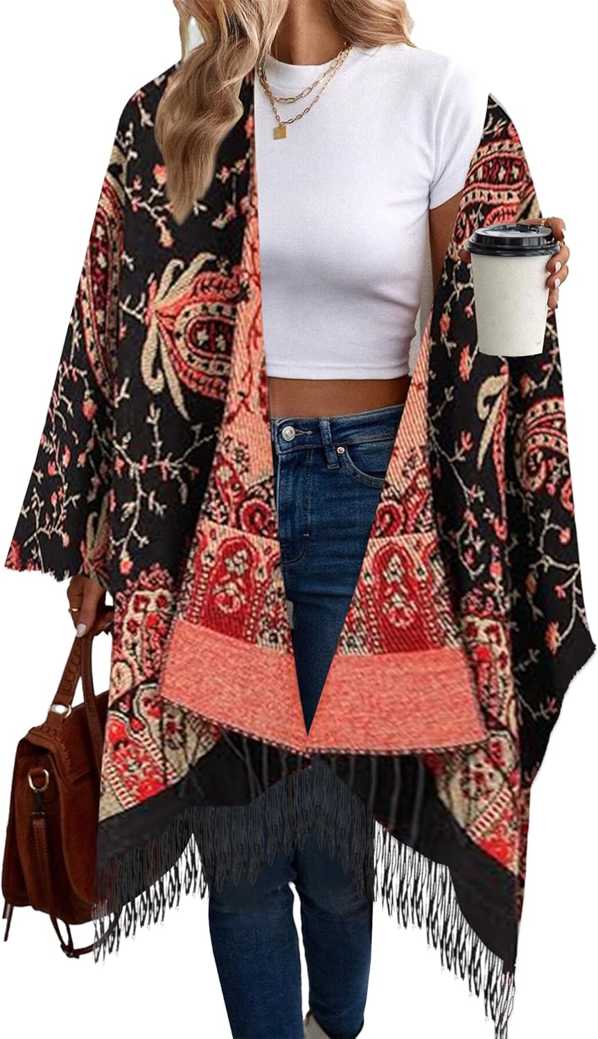 Beautiful Nomad Women's Retro Style Poncho Cape Boho Shawl Wraps Ruana Printed Tassel Cardigan for Spring Fall Winter