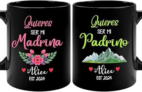 Miniatura 1 de Padrinos De Bautizo Propuesta Set 2 Tazas Café 11Oz, Quieres Ser Mis Padrinos De Bautizo, Quieres Ser Mi Madrina est 2024, Dios Padrinos Presenta