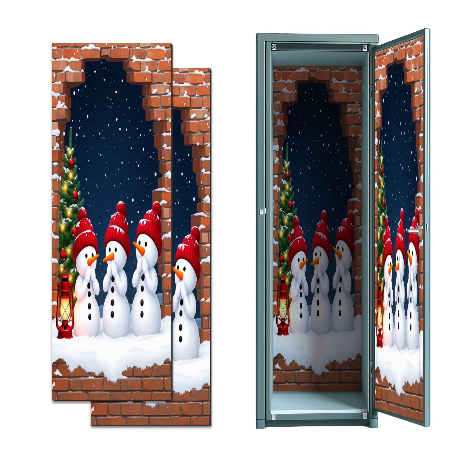 2 Pcs Locker Magnetic Wallpaper Cute Snowmen Red Hats Lantern Winter Night Scene 12" x 36" Wall Magnetic Sticker Removable Locker Accessories Decor Easy Install for Office School