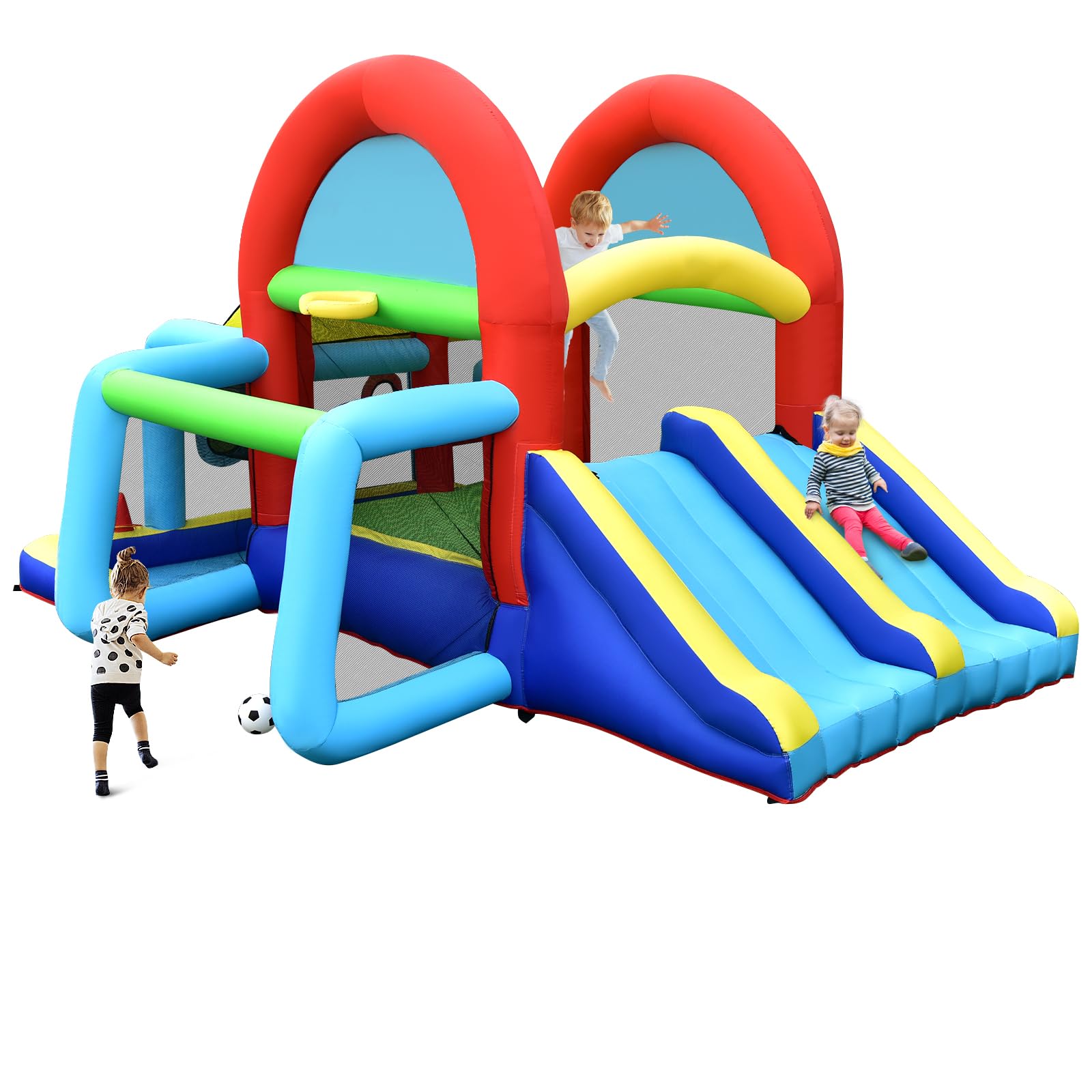 LIFEZEAL Castillo Hinchable, casa Inflable 8 en 1 para niños con tobogán Doble, Zona de trampolín, portería de fútbol, Parque grande Multifuncional para Deporte Infantil (sin soplador)