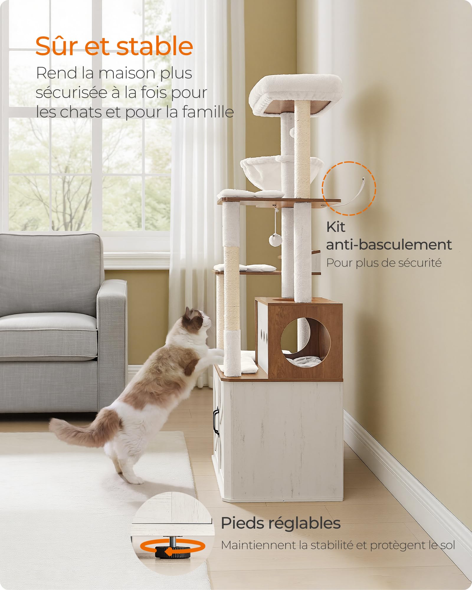 Feandrea Arbre à Chat de 170 cm, avec Cache-Litière, Niche, Station d’Alimentation, Rangement, Poteaux à Griffer, Hamac, Coussins Lavables, Marron Miel et Blanc Rustique PCT169W201