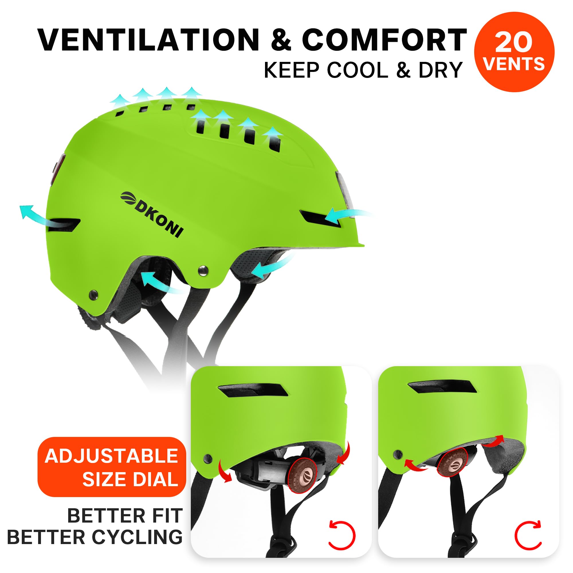 DKONI Casque de vélo avec lumières LED - Casque de vélo Rechargeable par USB - avec lumière LED Avant et arrière - pour Homme et Femme